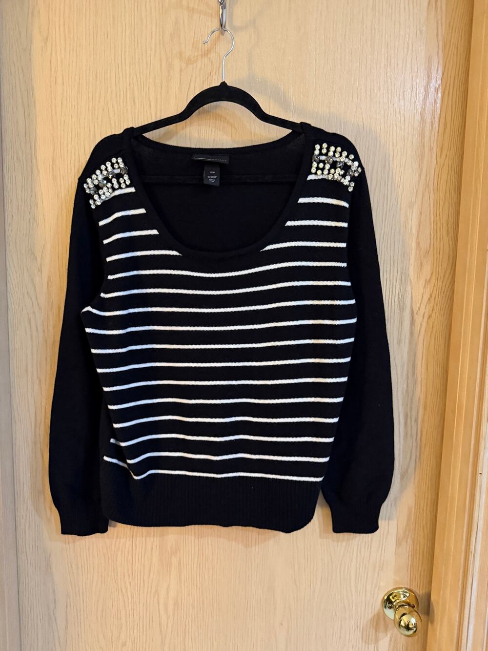 Lane Bryant Black White Striped Rhinestone Sweater Size 14/16